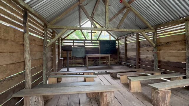 Panoramic view of a simple wooden Christian church in the village of Masoala, Madagascar.