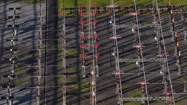 Drone zoom shot Energy substation. European union eletricity grid. High voltage. Converters. Battery storage.