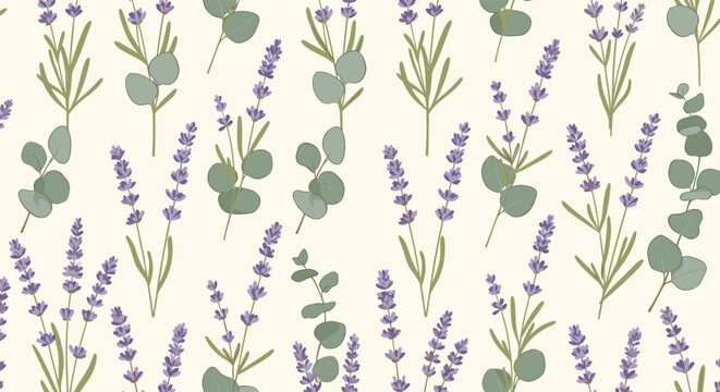 Elegant and calming seamless floral pattern with beautiful hand-drawn lavender flowers and silver dollar eucalyptus branches.