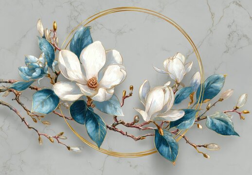A delicate floral arrangement of white blossoms, teal leaves, and golden accents within a circular frame against a marble backdrop