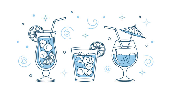 Set of three refreshing summer cocktails or mocktails with ice cubes, citrus slices, and straws in a blue line art style.