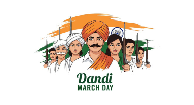 Mahatma Gandhi leads the Dandi March, a historical protest against British salt tax, with supporters, on Dandi March Day, marking a pivotal moment in the Indian independence movement.