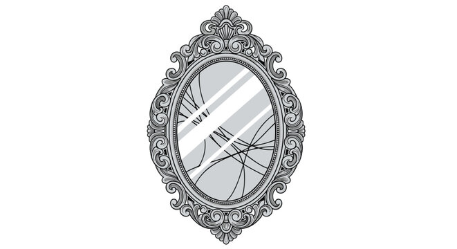 Beautifully ornate, oval-shaped vintage mirror with an intricate, antique silver frame, drawn in a detailed line art style.