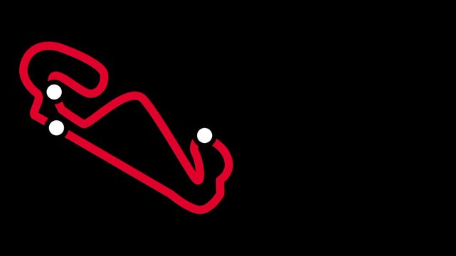 A bright red neon line twists and turns to form a complex racing track layout with small white checkpoints on a completely dark and black background