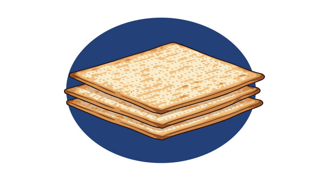Stack of three traditional matzah crackers, unleavened bread for the Jewish holiday of Passover, isolated in a blue circle.