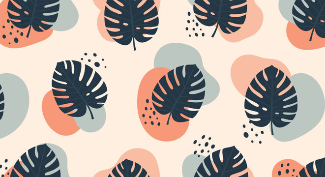 Seamless trendy pattern with dark monstera leaves on a background of abstract pastel pink and blue shapes and black dots.
