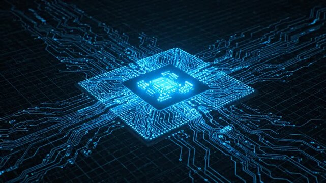 Advanced technology circuit board with glowing blue connections and integrated circuit