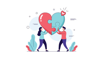 Fototapeta premium Couple working together to complete a giant heart shaped puzzle representing love cooperation and building a strong relationship bond together.