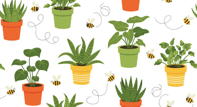 Cute seamless pattern featuring various green potted houseplants, such as succulents and aloe, with happy bees flying around.