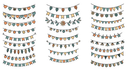 Large set of hand drawn decorative bunting banners with colorful flags hearts leaves and flowers for party celebration and event design graphics.