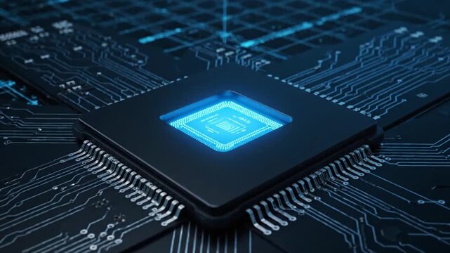 Glowing blue central processor on an intricate circuit board, symbolizing advanced data processing, artificial intelligence, and the cutting-edge heart of digital technology