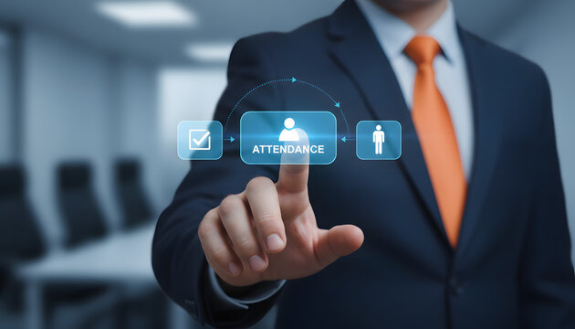 Businessman using digital attendance system in modern office