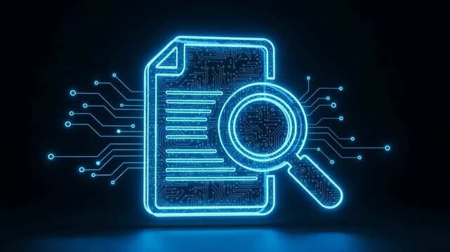 Digital Document Analysis Concept Magnifying Glass Inspecting Data Sheet With Circuit Board Design Dark Background Tech Data Security For Articles Website Banners