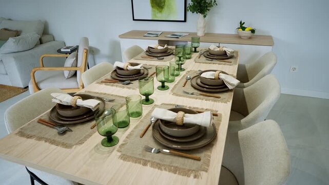 Contemporary dining space with fully styled table setting, neutral tones and natural materials. Interior staged for luxury real estate or vacation rental in Mediterranean residence.