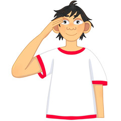 Fototapeta premium An Indonesian boy wearing a red-and-white t-shirt is saluting. Independence Day and Pancasila Day, PNG.