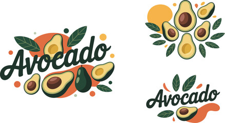 Obraz premium Avocado illustration with halved fruits and leaves on colorful backgrounds