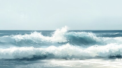 Naklejka premium Beautiful illustration of powerful ocean waves crashing with white foam against a serene horizon under a calm blue sky, evoking a sense of natural beauty and aquatic movement.