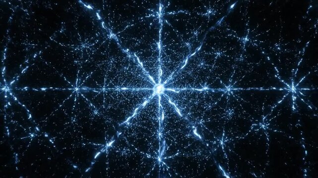Cosmic starburst pattern of glowing blue particles against a dark background, representing a galaxy or nebula