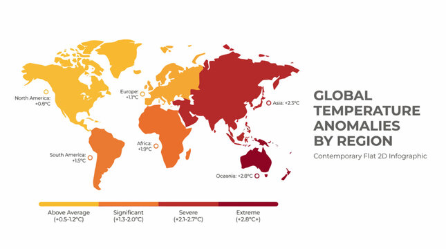 World map illustrating global temperature anomalies by region with a color-coded legend showing varying degrees of warming from slight to extreme.