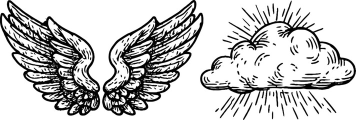 Angel wings and cloud with halo glow ring - vintage engraved sketch for spiritual design