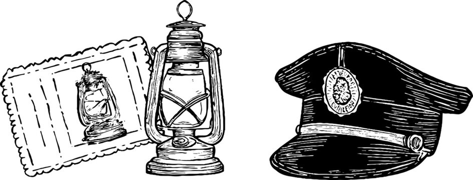 Vintage train memorabilia set with antique ticket punch, conductor cap, and lantern sketch