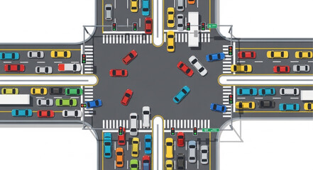 Busy City Intersection With Heavy Traffic Flow.