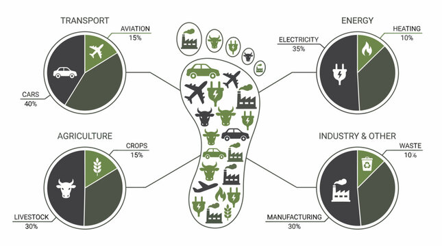 Infographic illustrating the global carbon footprint breakdown by sector, including transport, agriculture, energy, and industry, with detailed percentage contributions.