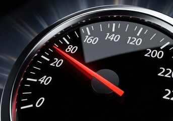 Fototapeta premium Automotive speed indicator needle points to eighty on a dark dashboard gauge