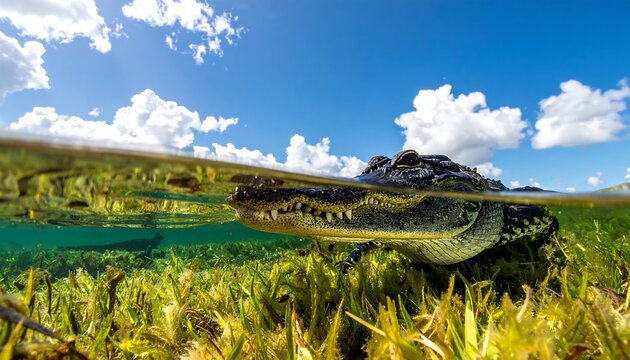 A split-level view shows a reptile submerged in clear water with dense, green aquatic plants. The sunlit sky is blue with fluffy clouds