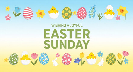 A joyful Easter Sunday greeting card with colorful eggs and flowers
