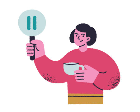 Woman holding pause sign with coffee cup in hands. Flat vector illustration for break time concept. Cartoon style character in pink sweater, relaxation theme. Empty state design for apps, websites