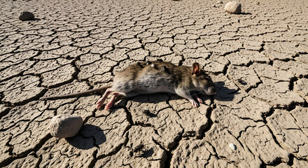 Dead rat lying on dry cracked earth during extreme drought