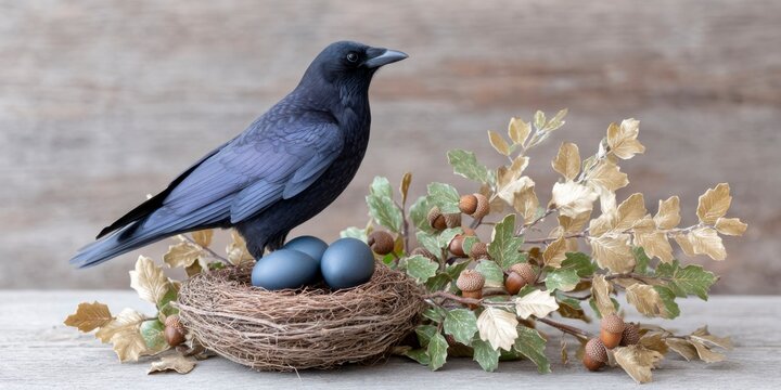 a black crow sitting on top of three dark eggs in an ornate nest with golden leaves and acorns, on a rustic wooden background