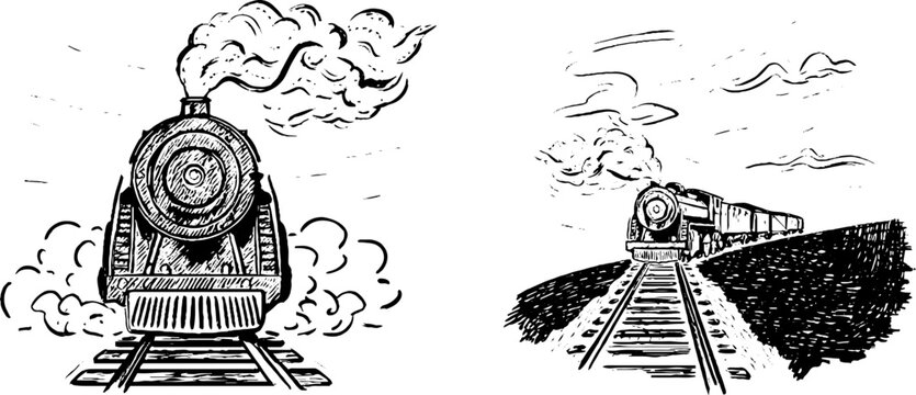 Vintage steam locomotive set with railway tracks - retro sketch design for prints and posters