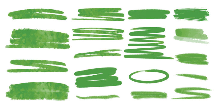 Green watercolor lines and brushstrokes. Set of textured lines in natural grassy green. Delicate translucent highlights of spring light green. Vector graphics