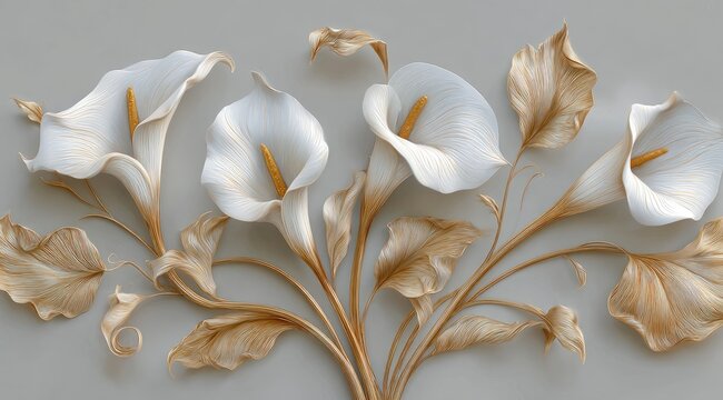 Close-up of sculpted white calla lilies and gold-toned leaves, artfully arranged against a muted grey background