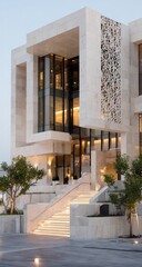 Naklejka premium A modern building with layered design, large windows, bright illumination, stone facade, and a welcoming staircase