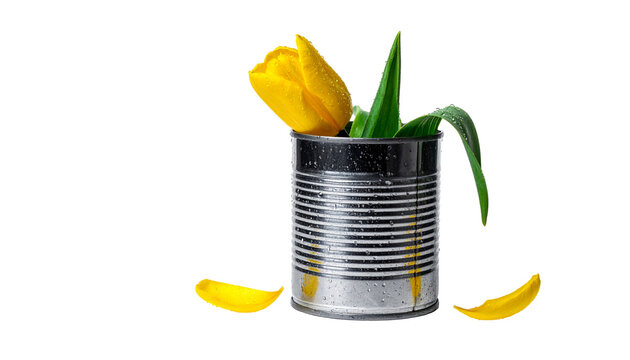 Yellow tulip in tin can with water drops, creative layout, isolated on transparent background