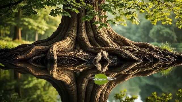 Tree Roots Reflection in Calm Water.
