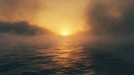 Fototapeta premium Dramatic scene of the sun setting low over dark ocean waves partially obscured by thick atmospheric fog and ominous clouds creating a moody landscape.