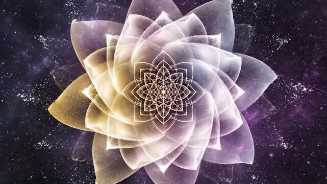 Abstract glowing floral pattern radiates light in a cosmic background