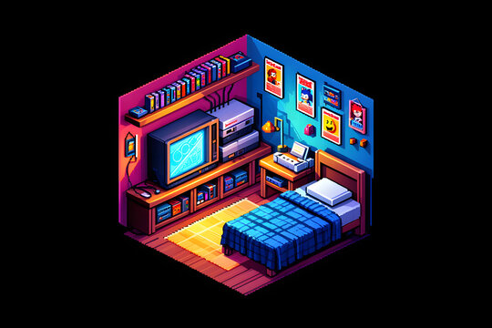 Isometric Gamer's Haven: A pixelated isometric view of a cozy bedroom, designed for a retro gamer, featuring classic elements of the 80s and 90s, with a retro gaming setup, cozy bed.