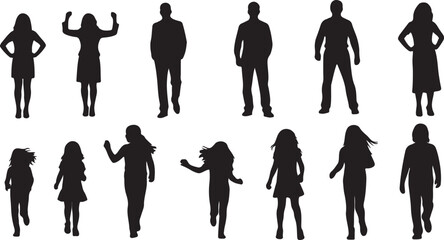 Isolated Black Vector Silhouettes of Men, Women, and Children in Various Poses isolated PNG with Transparent Background