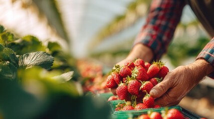 Naklejka premium Farmer harvesting ripe red strawberries in a greenhouse, close-up on hands and fruit