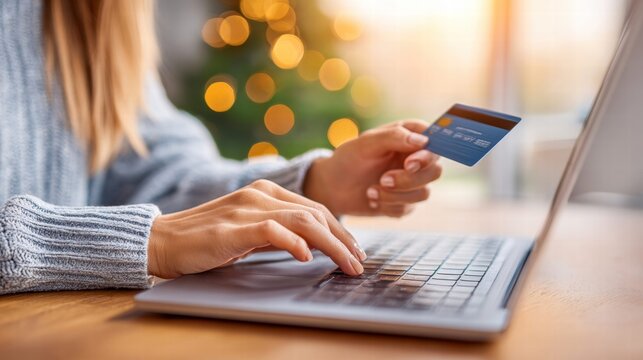 Woman shopping online using a credit card for a secure transaction on her laptop.