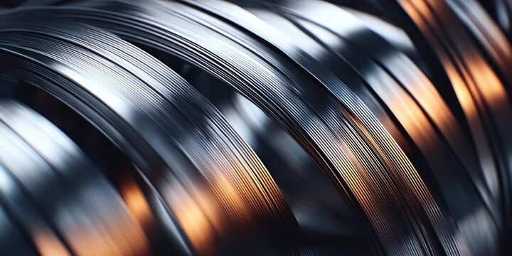 Close-up abstract view of tightly wound metallic wire with warm light reflections