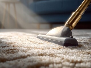 Naklejka premium Close-up of a vacuum cleaner head cleaning a plush carpet with soft light