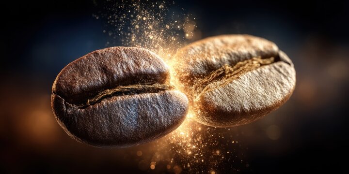 Two roasted coffee beans with golden sparkles exploding between them