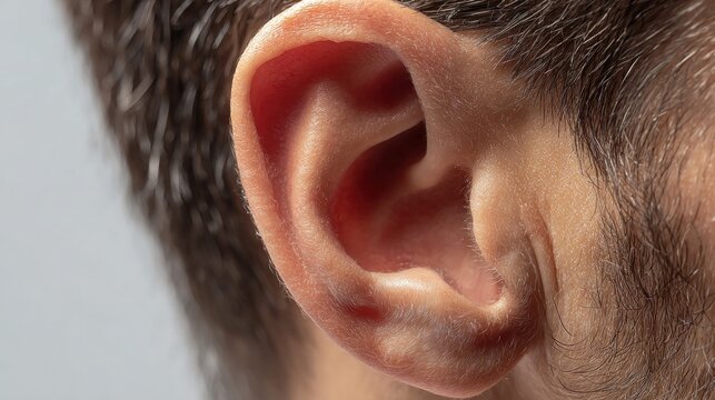 Extreme close-up macro shot of a human ear with detailed skin texture and dark hair