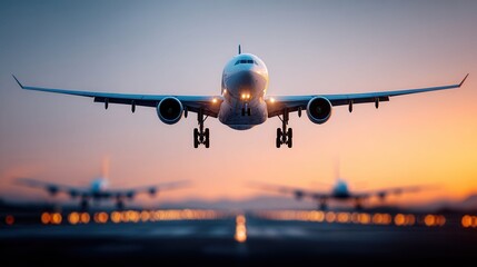Obraz premium Commercial airplane descending for landing on a runway at sunset with other planes in background